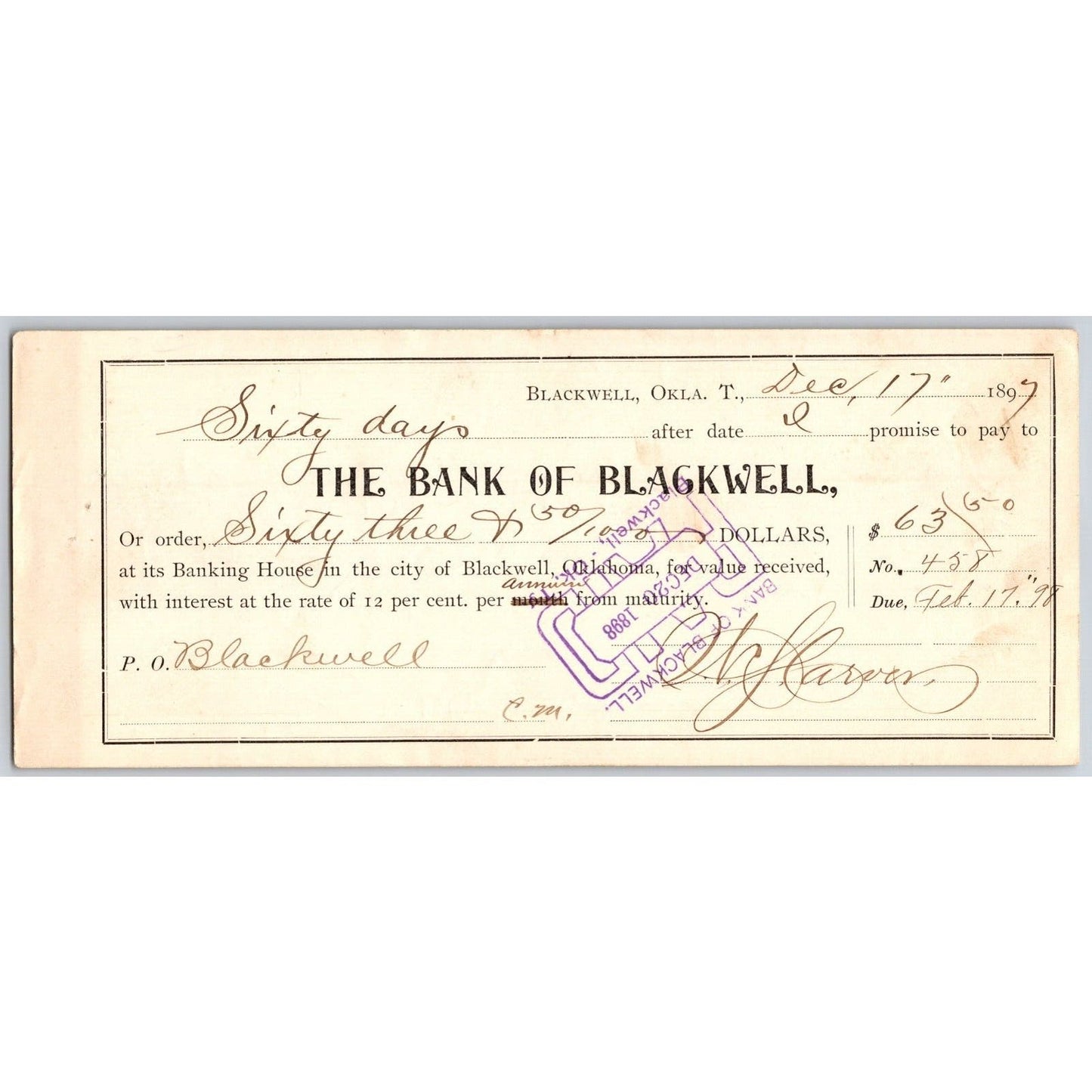Blackwell, OK 1907 Indian Territory* $63.50 Promissory Note Scarce