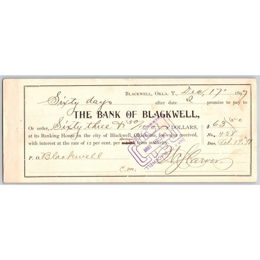 Blackwell, OK 1907 Indian Territory* $63.50 Promissory Note Scarce