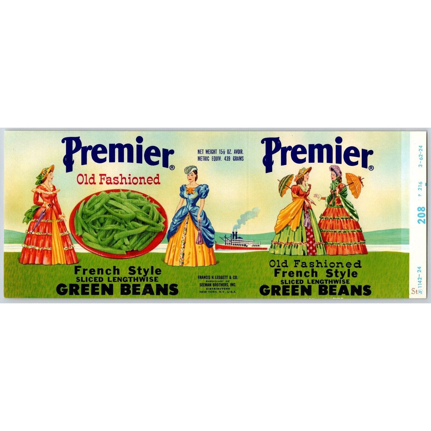 Premier French Style Green Beans Paper Can Label Fancy Dresses c1930's Steamboat