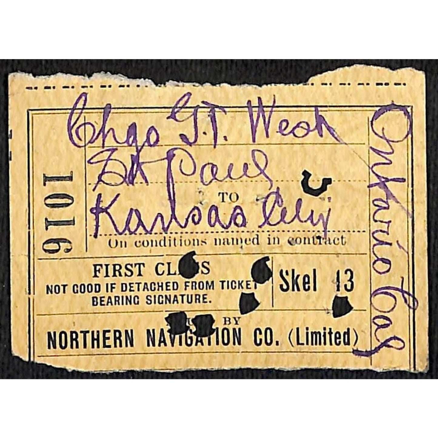 Northern Navigation Railroad Ticket 1921 Kansas City St. Paul, MN #1016