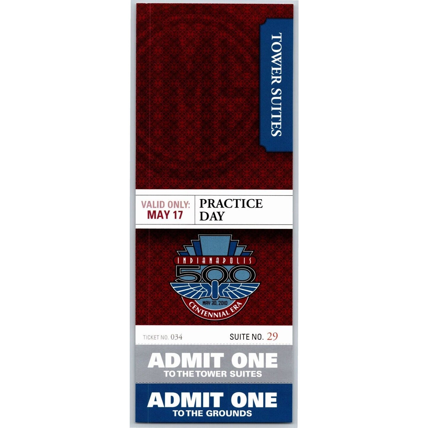 2010 Indy 500 Practice Day 5/17 Tower Suites Unused Ticket #034