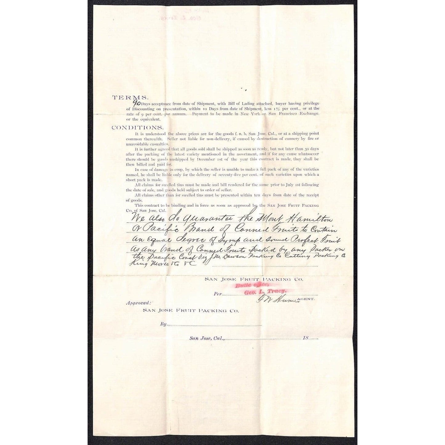 1889 San Jose Fruit Packing Order / Price Sheet S.R. Buford Virginia City, MT