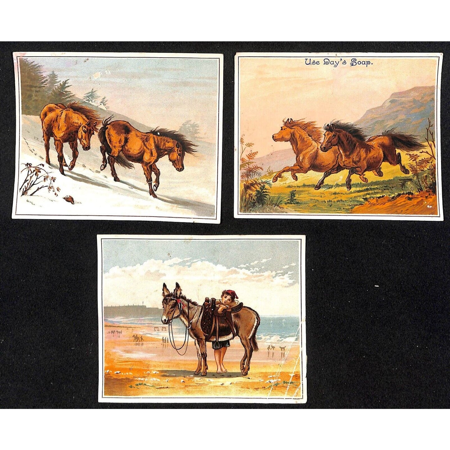 "Use Day Soap" Group of 3 Lg. Victorian Trade Cards w/ Horses & Mule ?Mountains