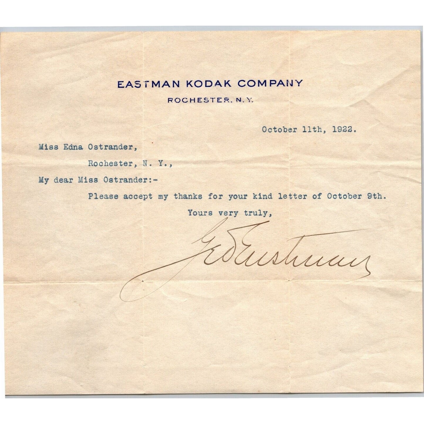 George Eastman Signed Kodak Rochester, NY Typed Letterhead 1922