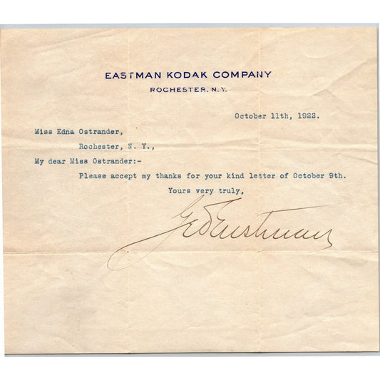 George Eastman Signed Kodak Rochester, NY Typed Letterhead 1922