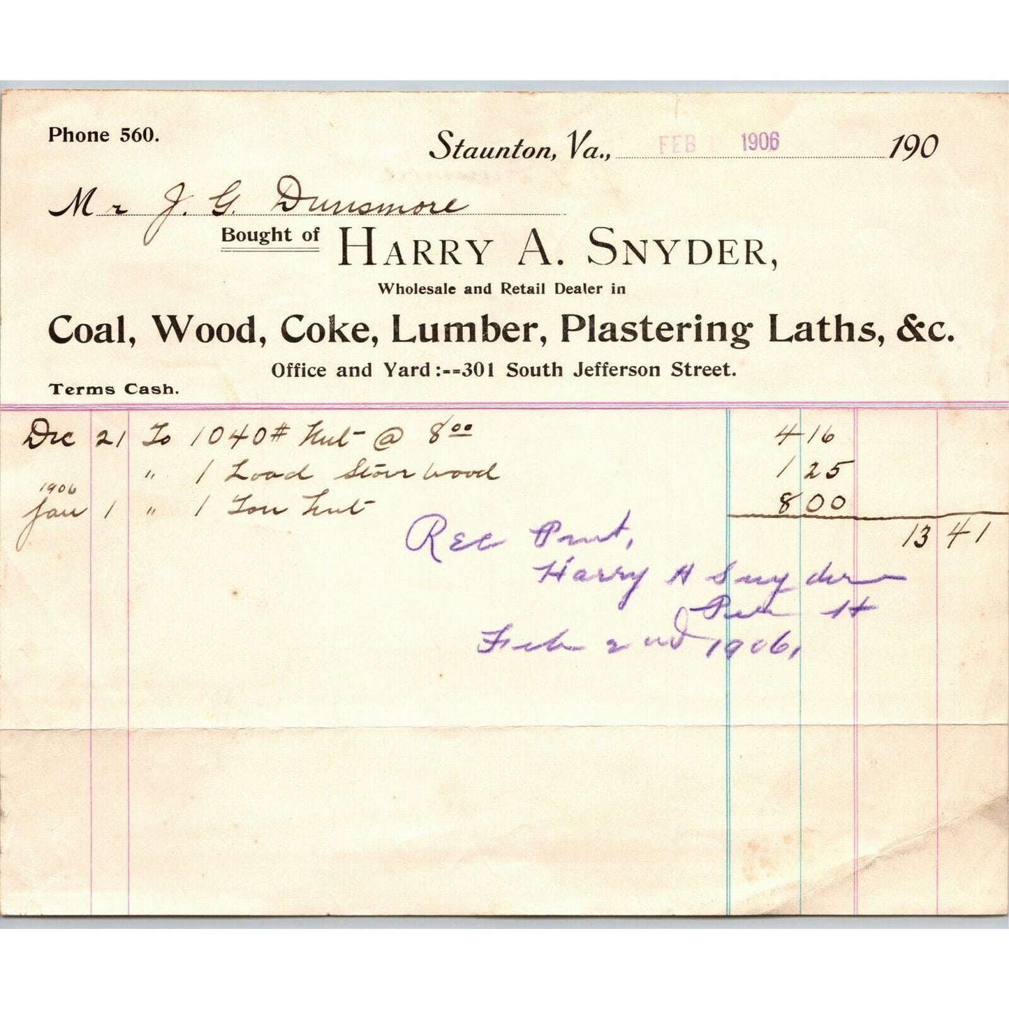 1906 Scarce Harry A. Snyder Coal Wood Lumber Billhead Letterhead Staunton, VA
