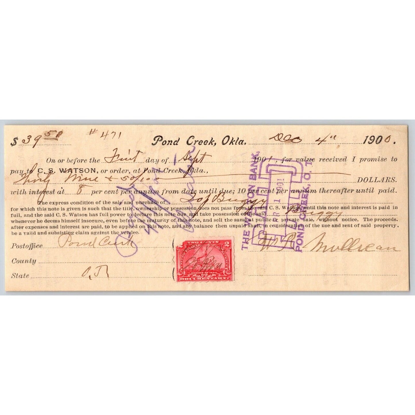 Pond Creek, Ok Territory 1900 $39.50 Promissory Note C.S. Watson w/ Rev Stamp