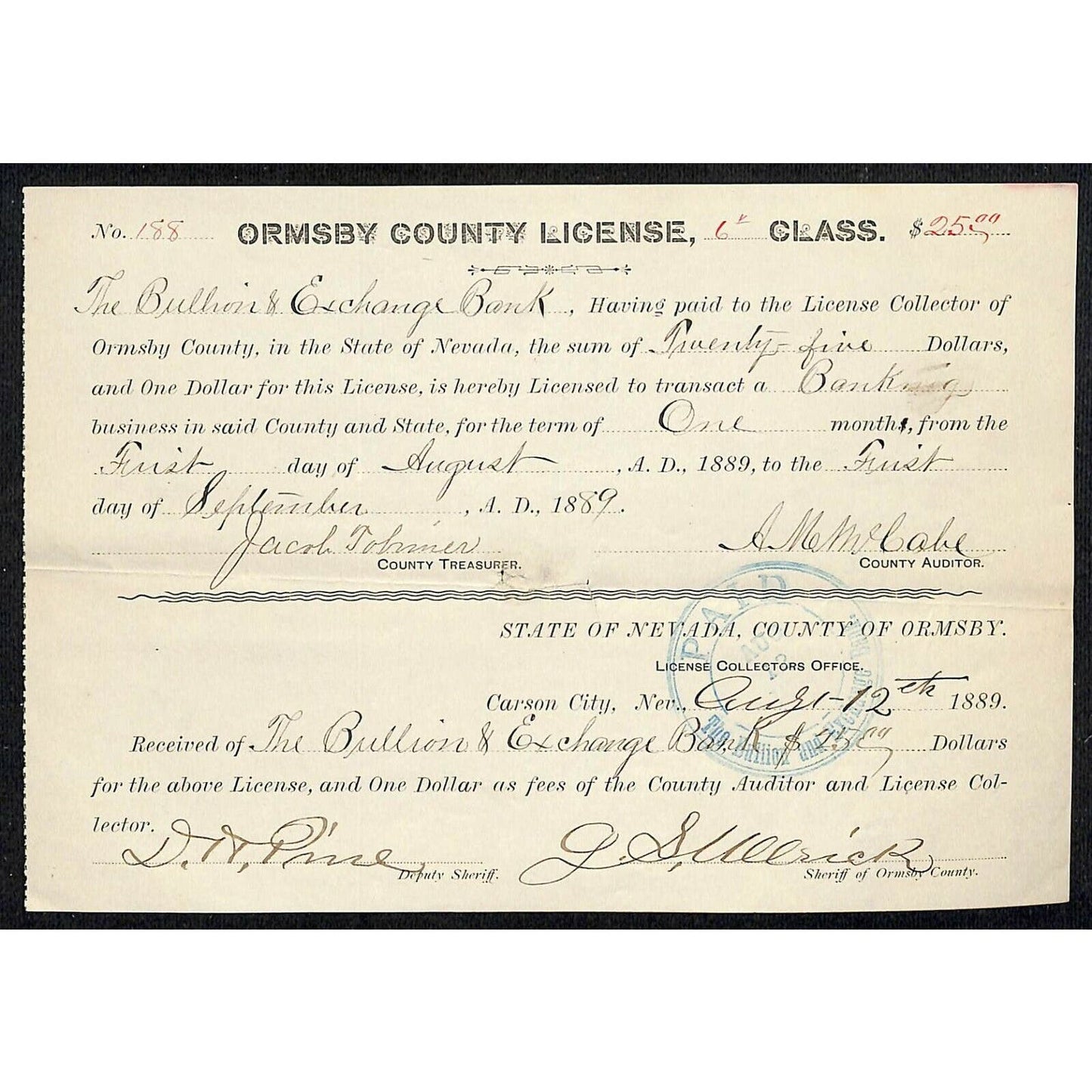 Vintage 1889 Ormsby County Banking License Bullion & Exchange Bank - Mining Doc.