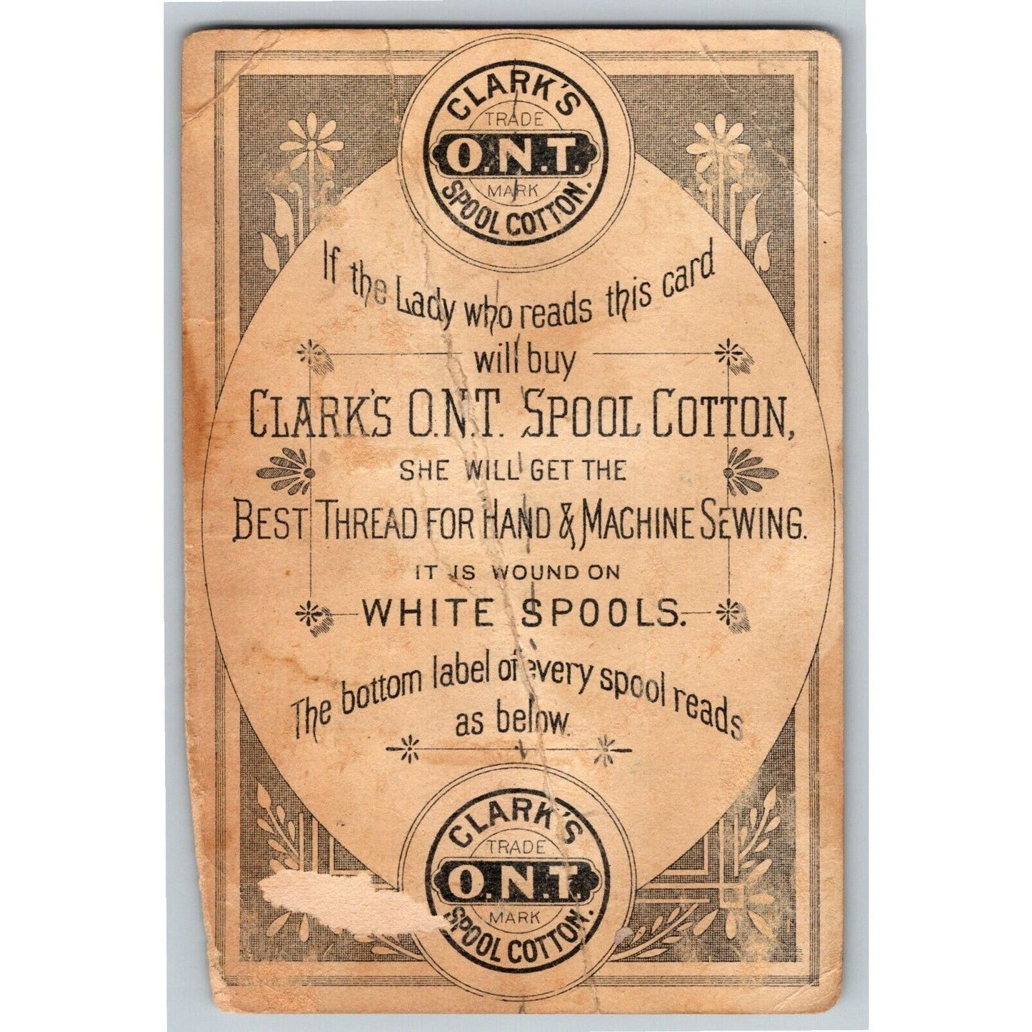 Drummer Boy Clark's ONT Spool Cotton Victorian Trade Card w/ Damage
