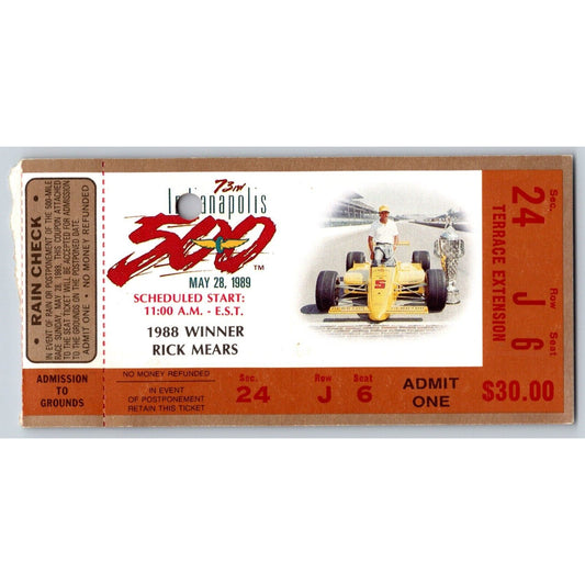 1988 Indianapolis 500 Ticket Stub Racing IMS Rick Mears - seat 6