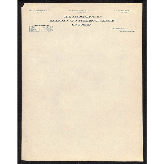 Association of Railroad and Steamboat Agents Boston Letterhead Sheet