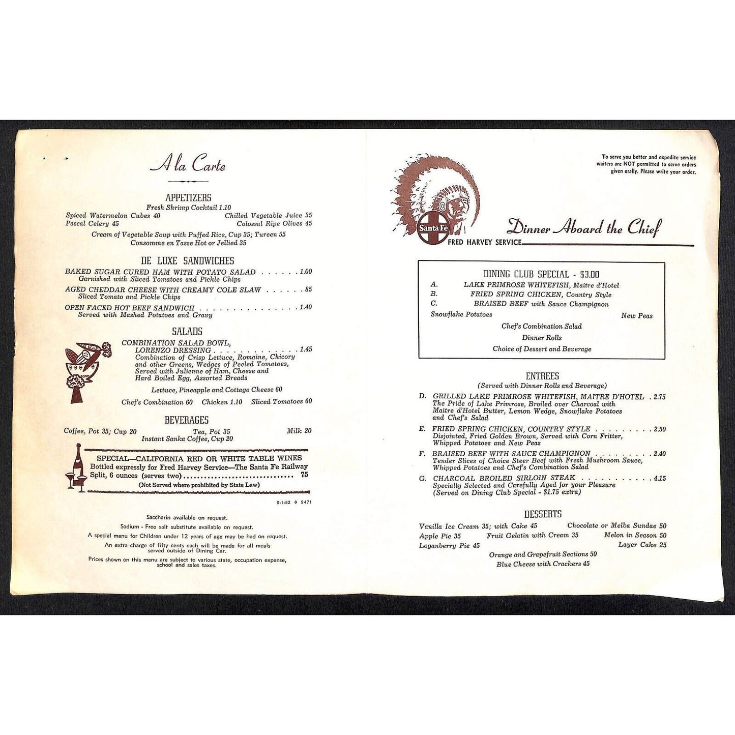 c1962 Santa Fe Railroad Dinner Menu "Deep Shadows"