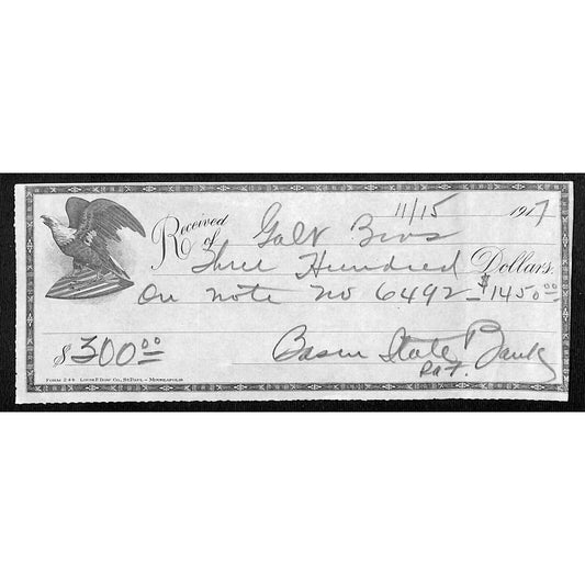 Galt Bros. (Hardware / Implements Stanford, Montana) 1917 Payment Receipt