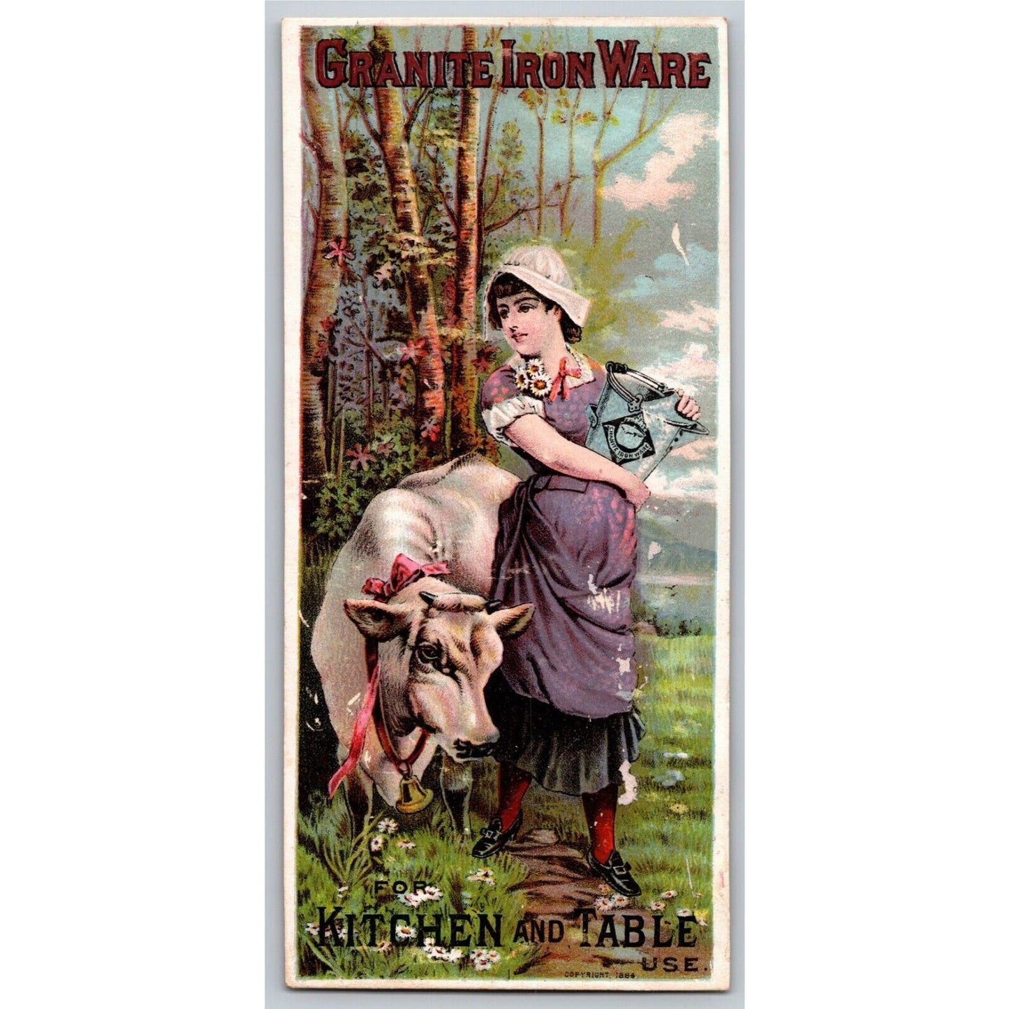 Granite Iron Wear Kitchen Use Victorian Trade Card Woman w/ Cow & Bucket