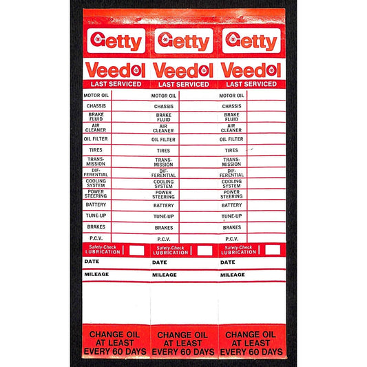 Getty Veedol Service / Oil Change Door Jam Auto Sticker Sheet of 3 c1970