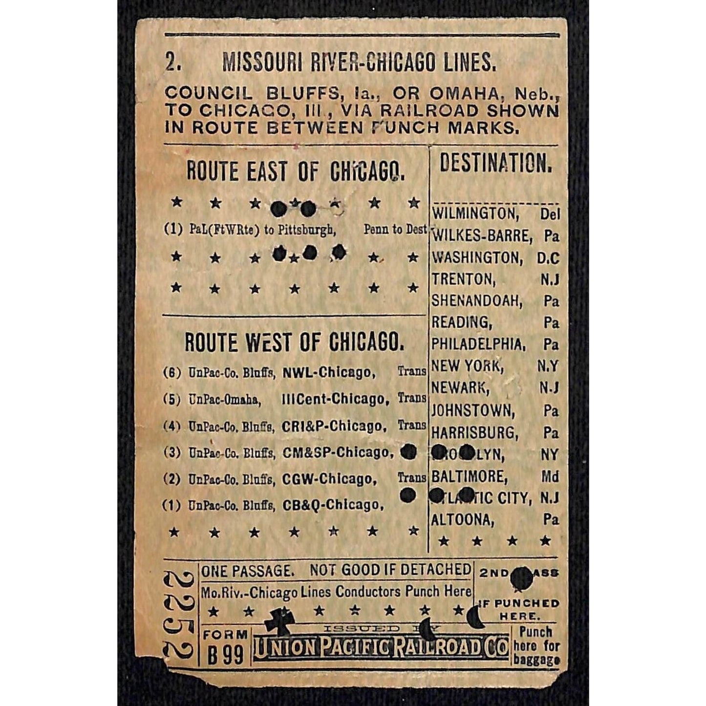 1913 Union Pacific Railroad Ticket Missouri River Chicago Lines Council #2252