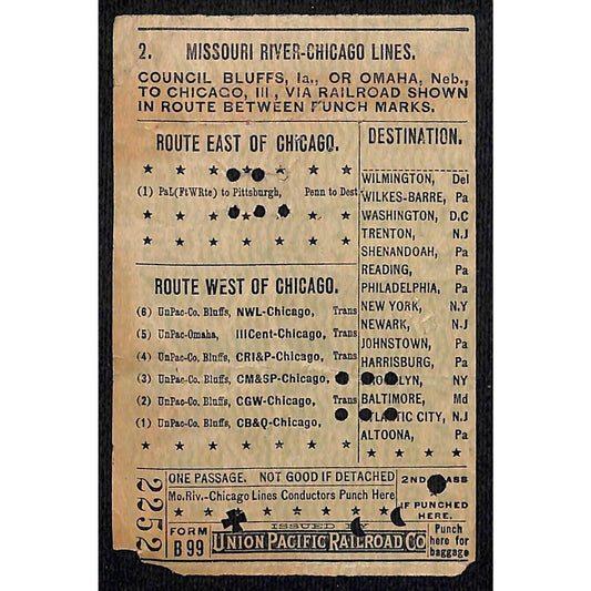1913 Union Pacific Railroad Ticket Missouri River Chicago Lines Council #2252