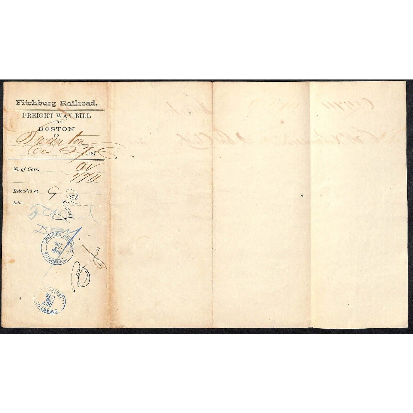 Fitchburg Railroad Co. 1876 Freight Way-Bill from Boston for 200lbs Bar? Bale?