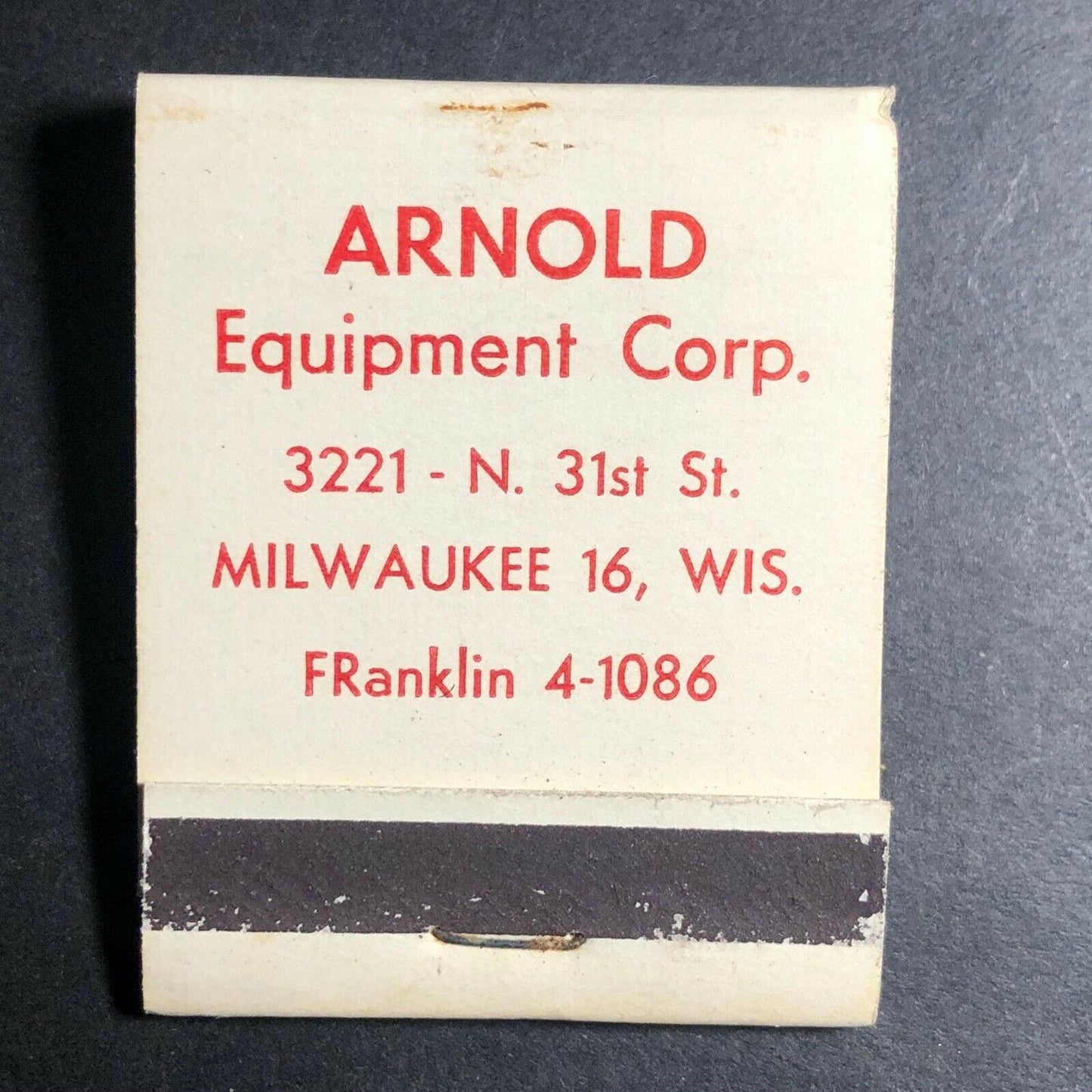 1950's-60's Full Matchbook - "Arnold Equipment Corp" Milwaukee, WI