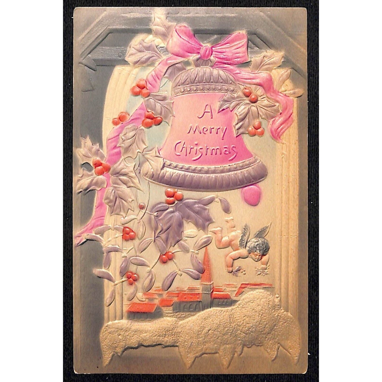Christmas Postcard "A Merry Christmas" Snow Holly Window Strong Emboss c1910