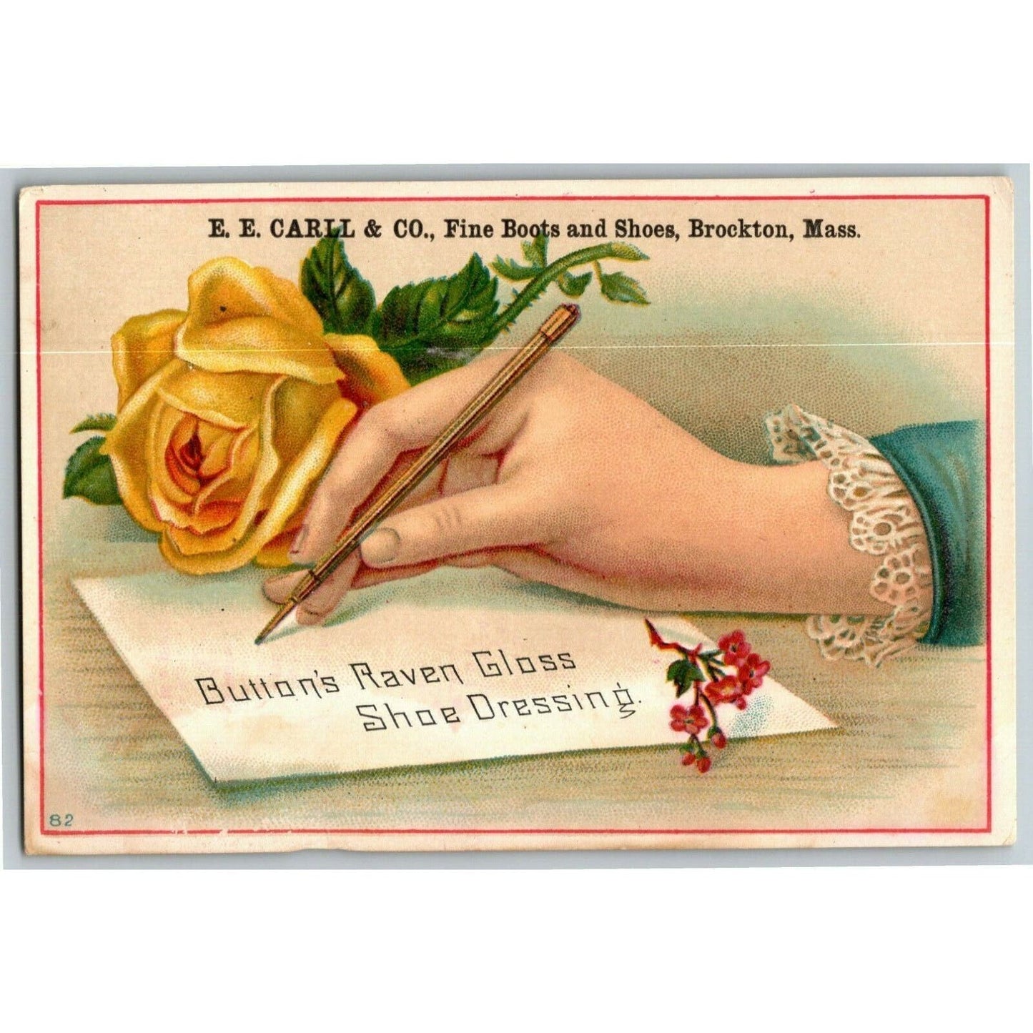 Victorian Trade Card Button's Raven Gloss Shoe Dressing E. E. Carll Brockton, MA