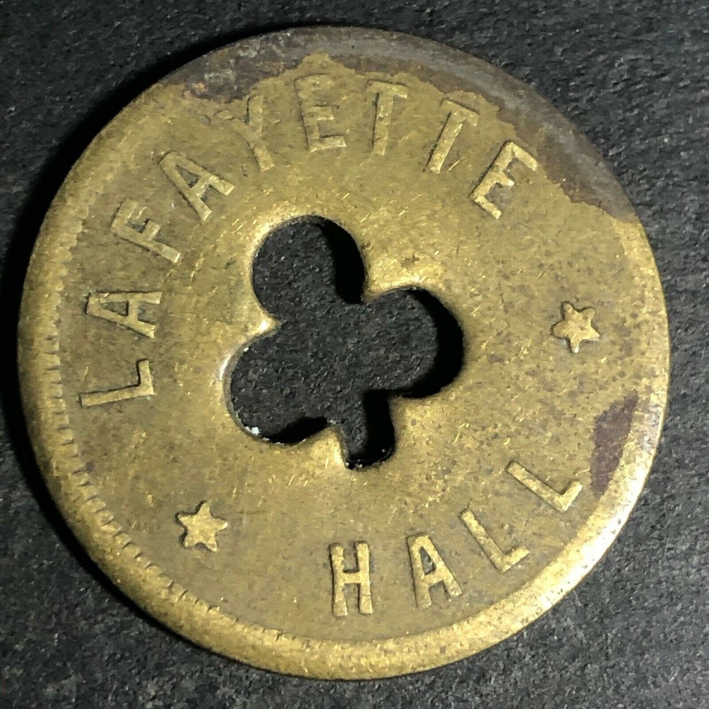 24.5mm Brass Lafayette Hall (Saloon Sacramento, CA) Token Clover Shamrock (#44)