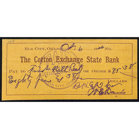 Elk City, OK 1906 Territorial "Cotton Exchange State Bank" Check - Scarce