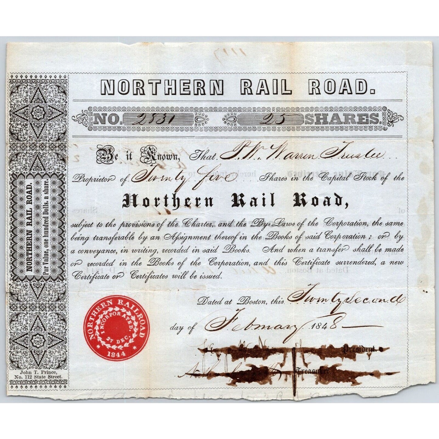 1848 Boston, MA Northern Railroad Stock Certificate No. 2831 for 25 Shares
