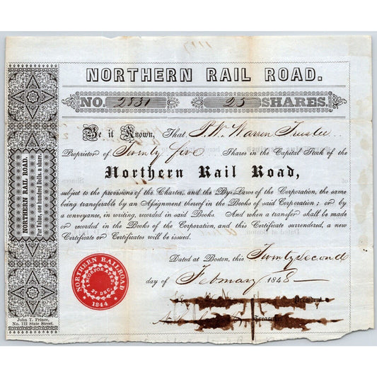 1848 Boston, MA Northern Railroad Stock Certificate No. 2831 for 25 Shares