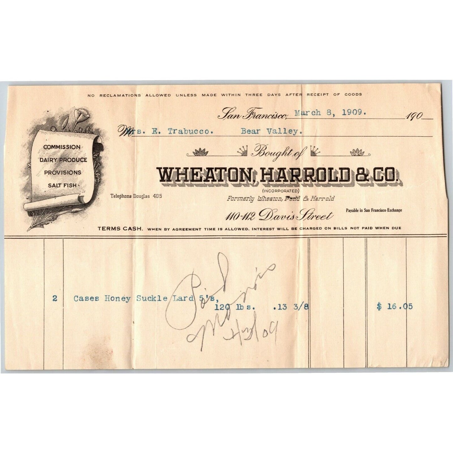 1909 Wheaton Harrold & Co Dairy Produce Salt Fish Lard San Francisco Billhead
