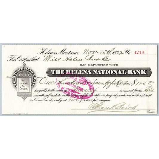 Helena Montana First National Bank 1892 Certificate of Deposit / Check
