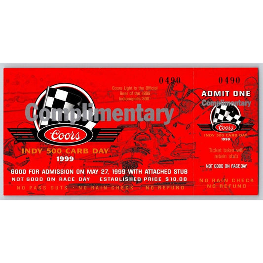 1999 Indy 500 Coors Carb Day 5/27 Comp Ticket Stub #0490