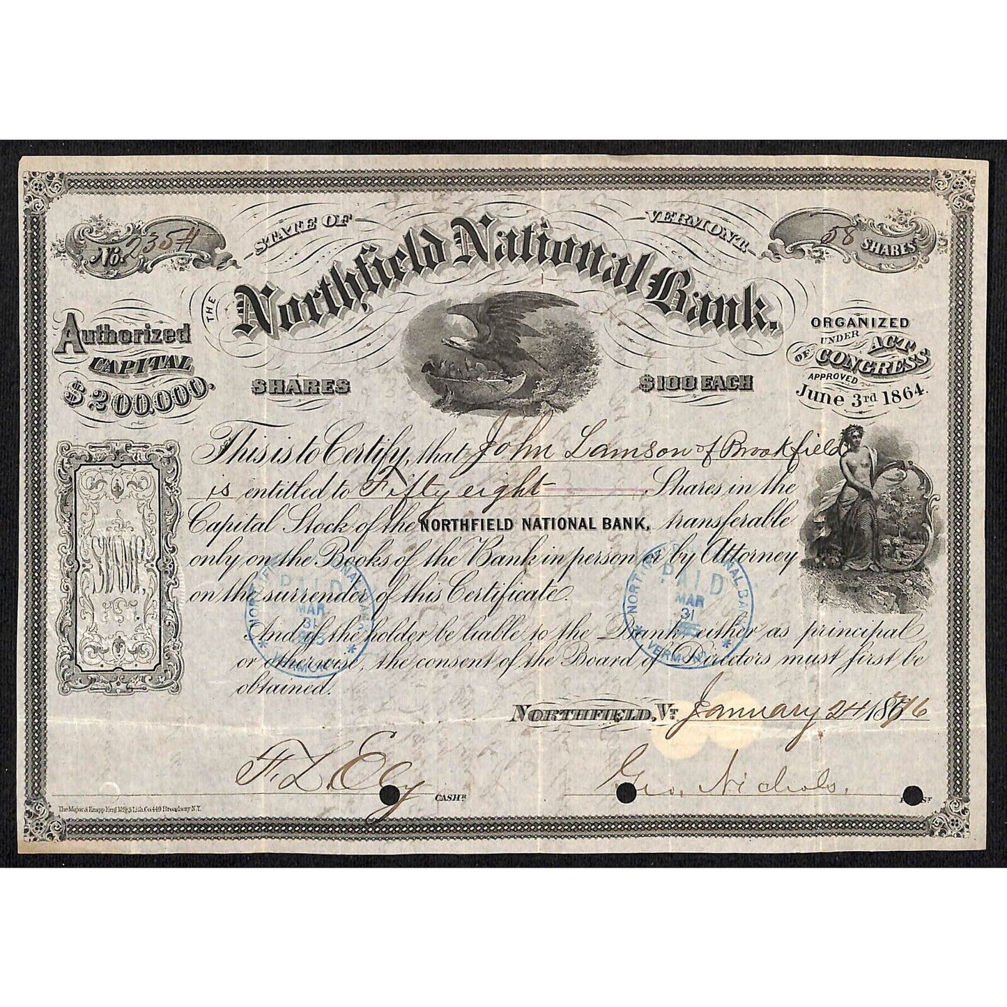1885 Northfield National Bank Stock Certificate John Lamson Brookfield VT Scarce