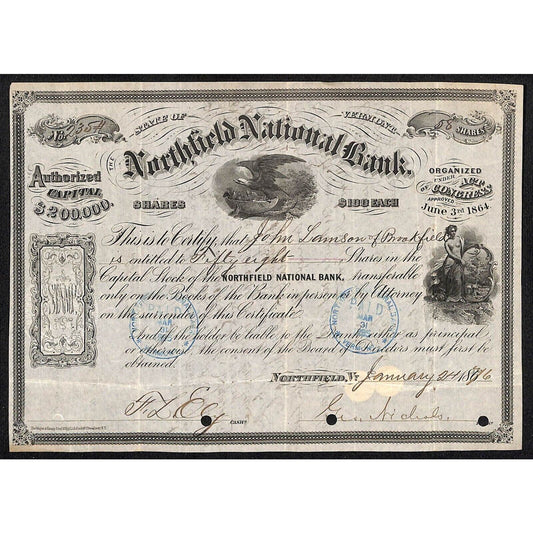 1885 Northfield National Bank Stock Certificate John Lamson Brookfield VT Scarce
