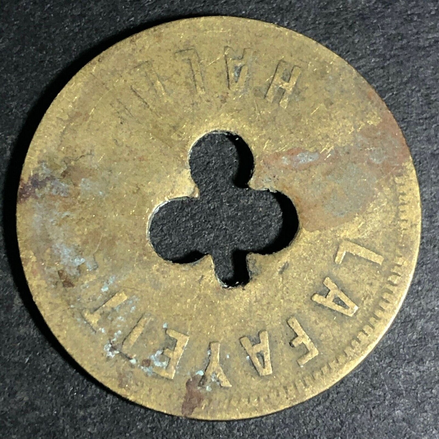 24.5mm Brass Lafayette Hall (Saloon Sacramento, CA) Token Clover Shamrock (#37)