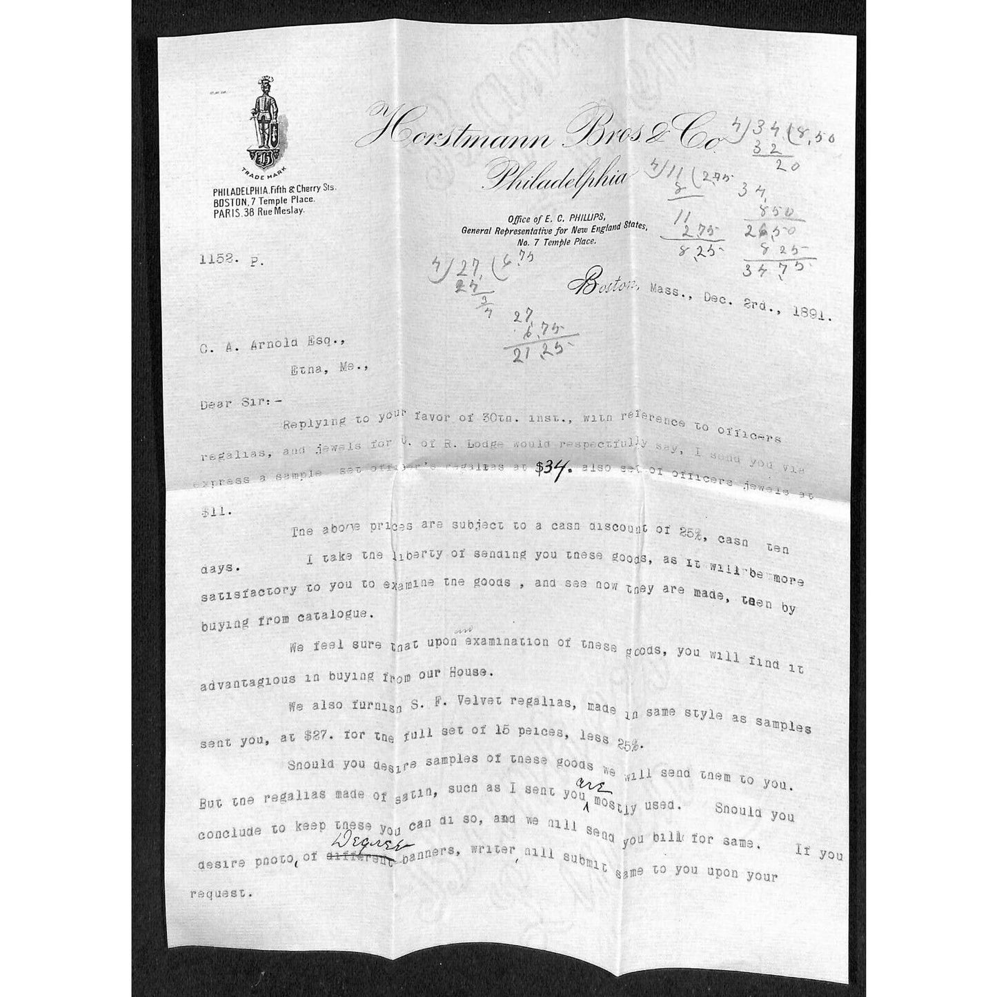 Boston 1891 Horstmann Bros. / E.C. Phillips Banners Regalias 2 Letterheads VGC