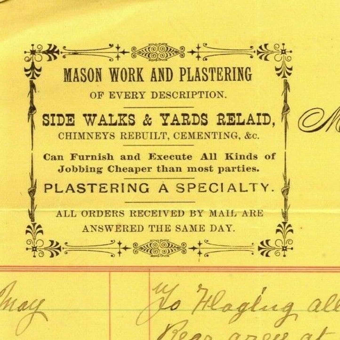 1888 Mallon Brothers Masons Letterhead Billhead 45 Grand St & W 51st St NYC