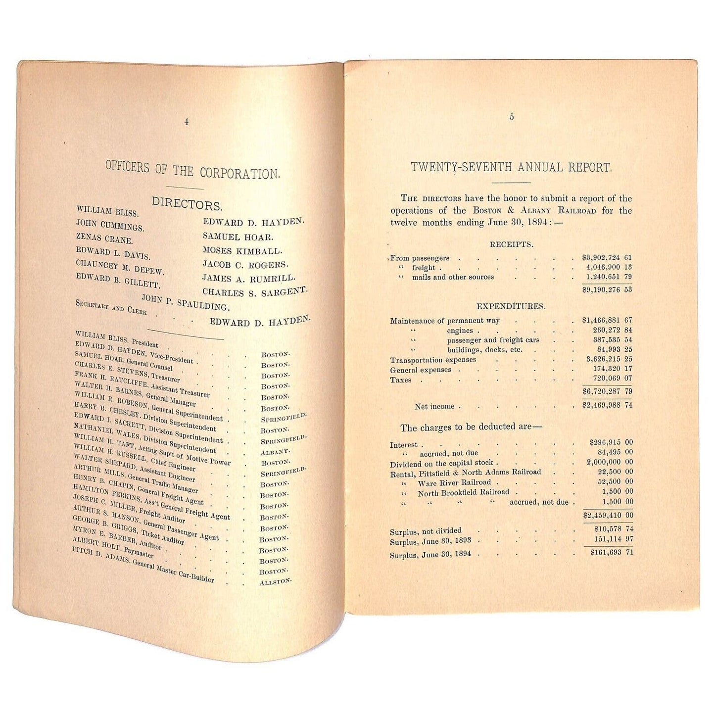 1894 Boston & Albany Railroad Annual Report 16pp - Scarce