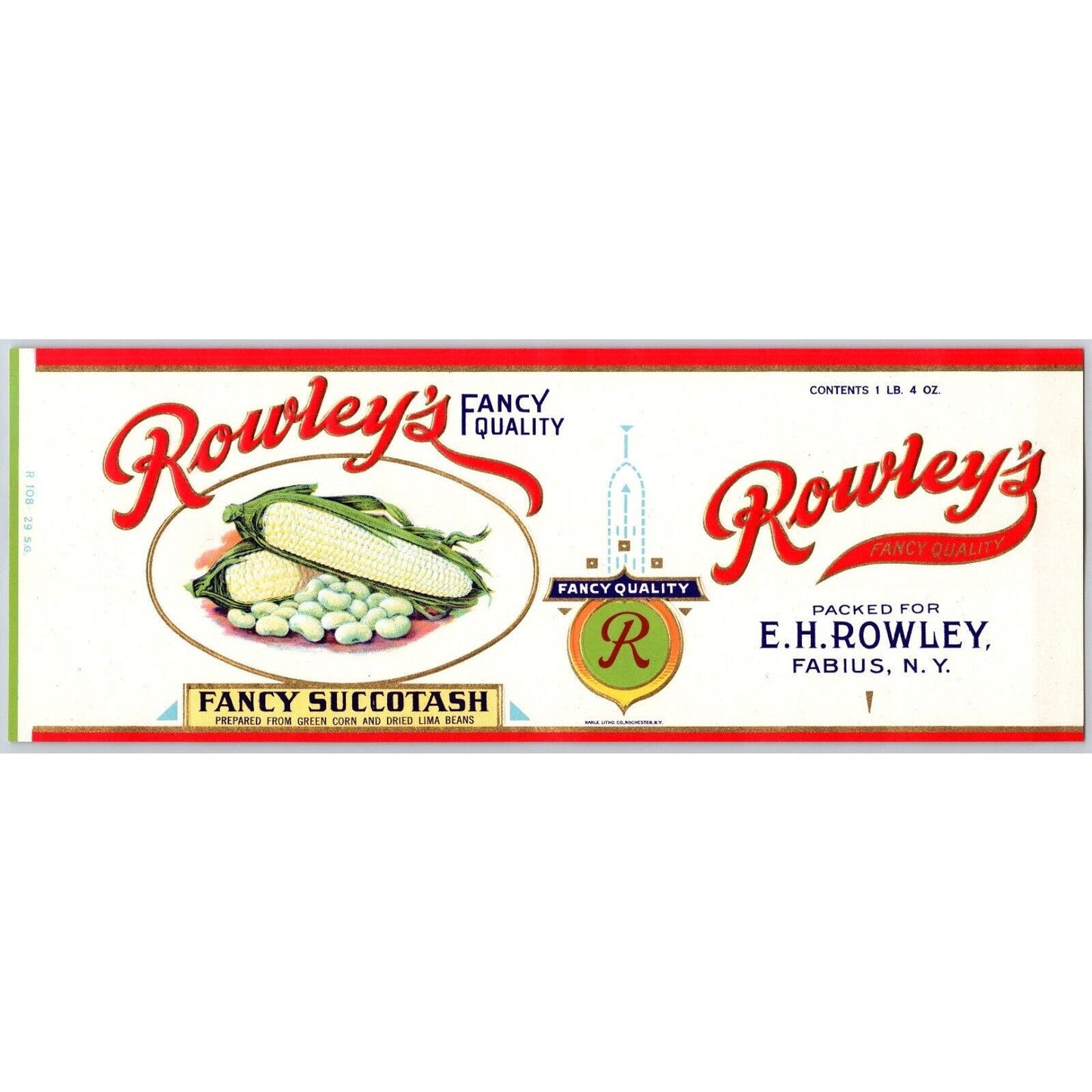 Rowley's Fancy Succotash Paper Can Label Fabius, NY c1928-30's Embossed