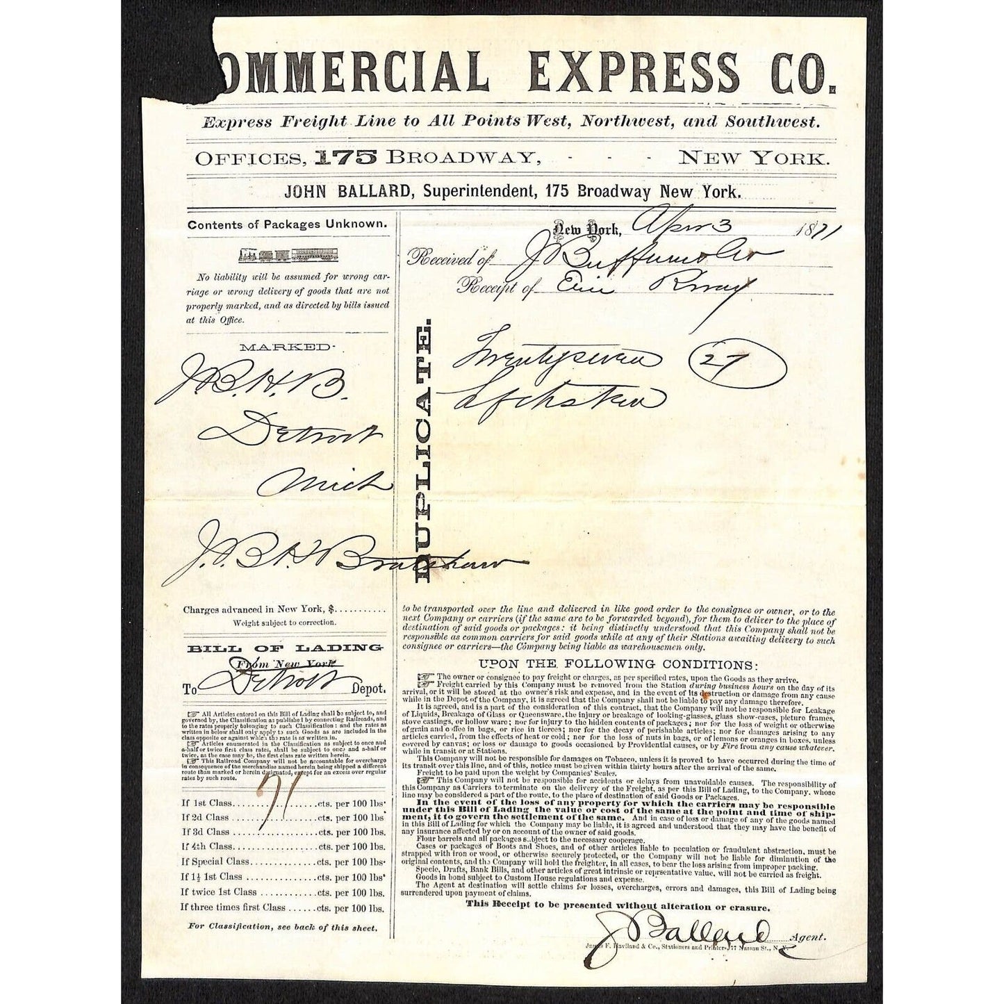 1871 Commercial Express Co. Broadway NYC Freight Bill of Lading Scarce