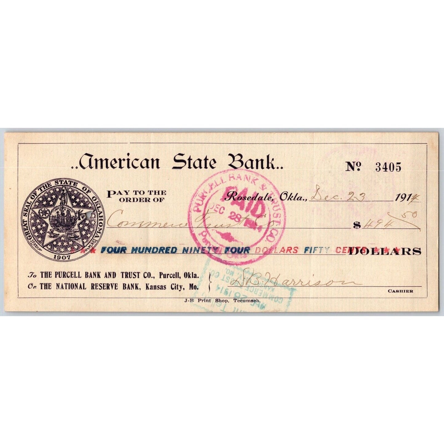Rosedale Oklahoma Bank Check 1914 American State Bank - State Seal Star