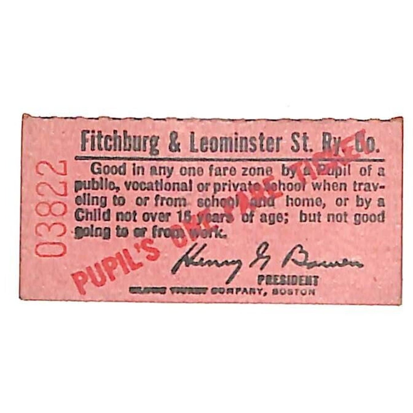 Fitchburg & Leominster Street Railway Railroad Ticket Pupil's #03822 Scarce