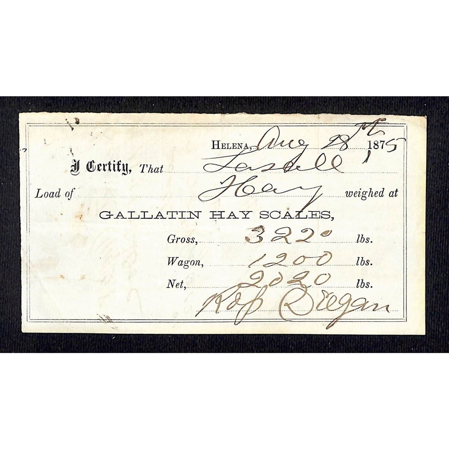 Helena Montana 1875 Gallatin Hay Scales 2020 lbs. Receipt / Billhead