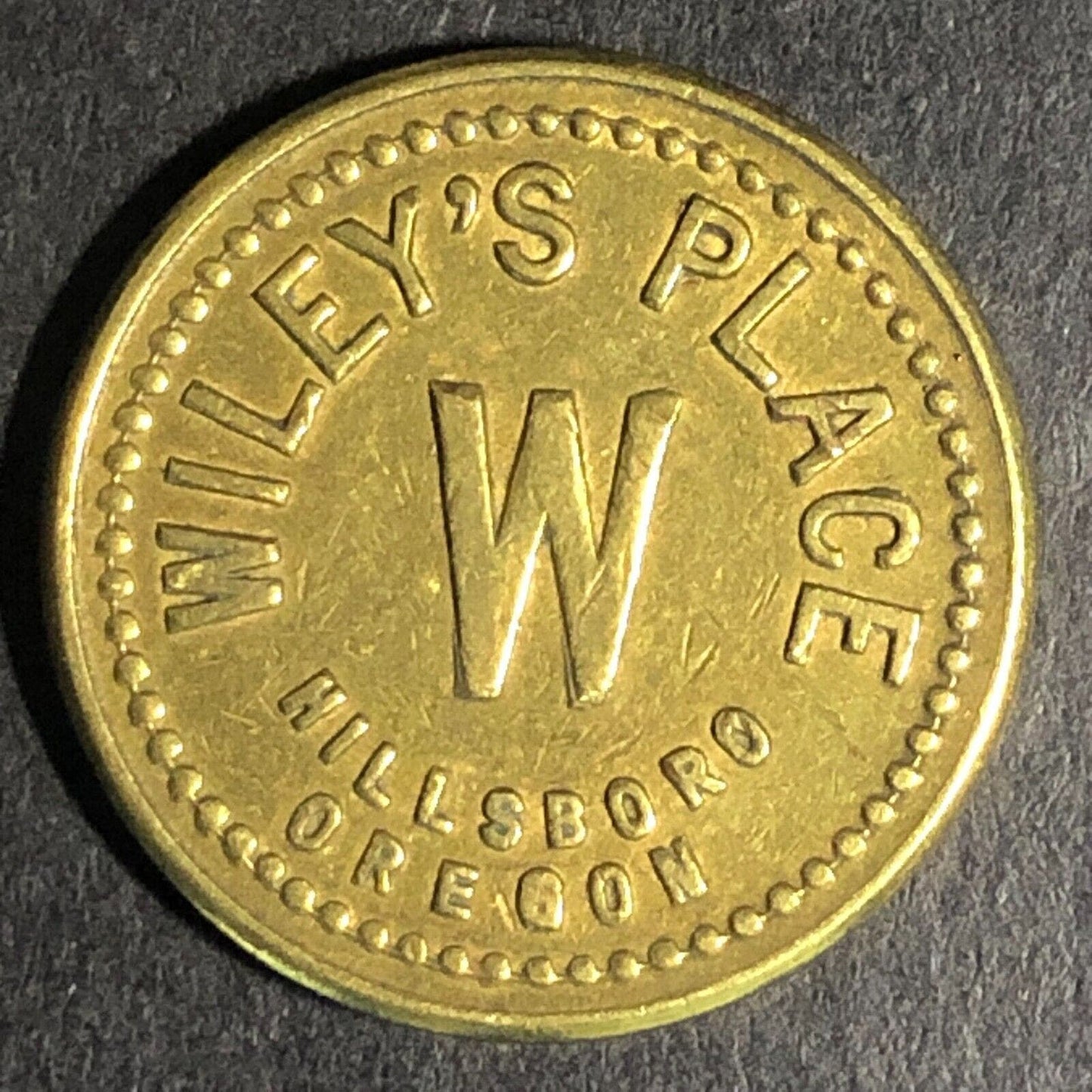 Wiley's Place -- Hillsboro Oregon G/F 5c Brass Trade Token "W" 21mm