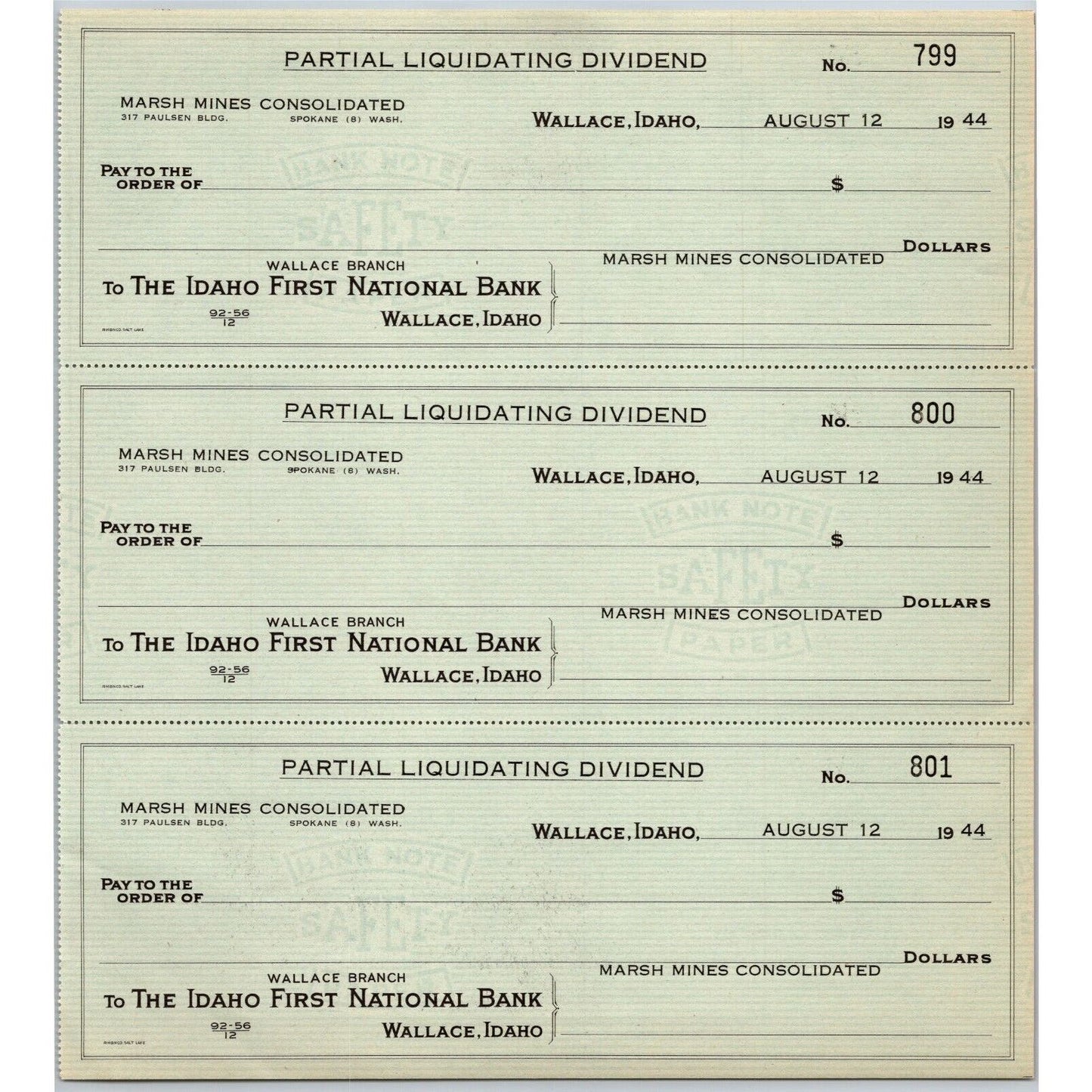 Marsh Mines Consolidated Wallace, Idaho First National Bank Check Sheet 1944