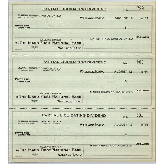 Marsh Mines Consolidated Wallace, Idaho First National Bank Check Sheet 1944