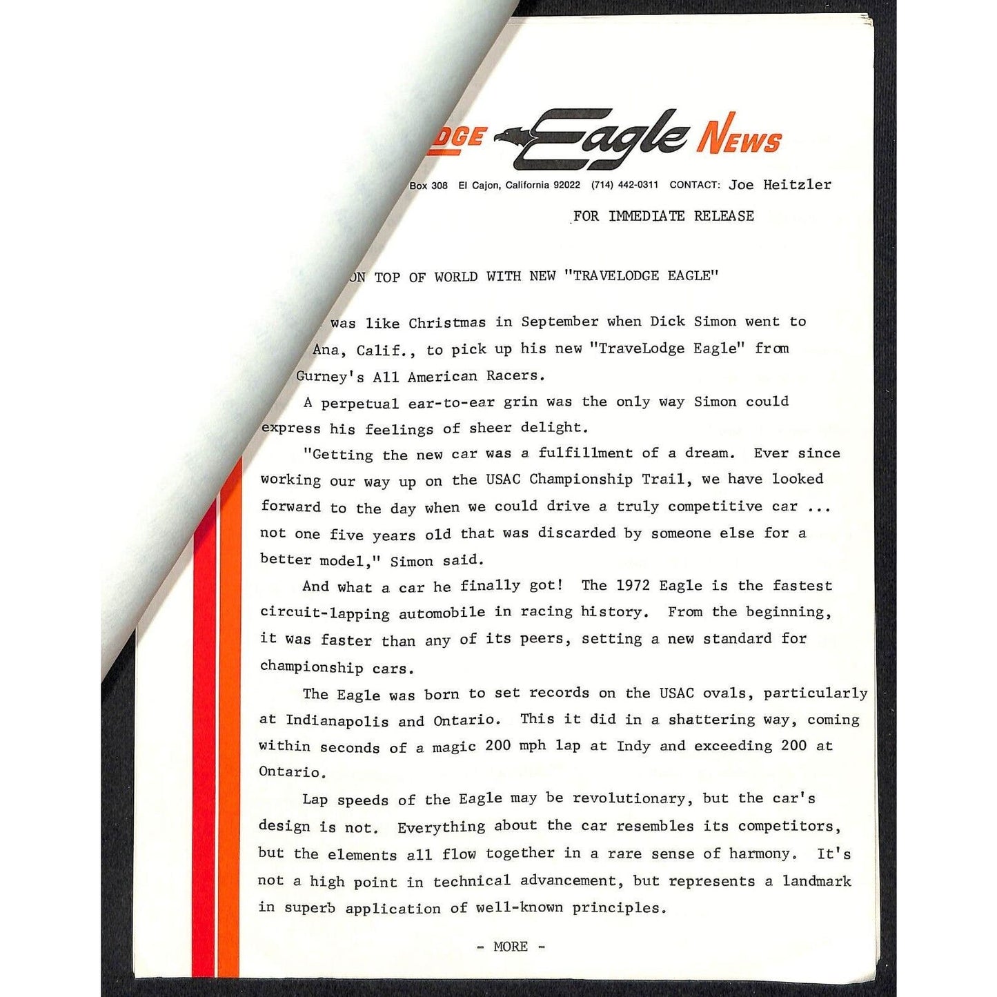 c1973 Dick Simon / TraveLodge Indy 500 Indianapolis Press Releases & Specs 12pp