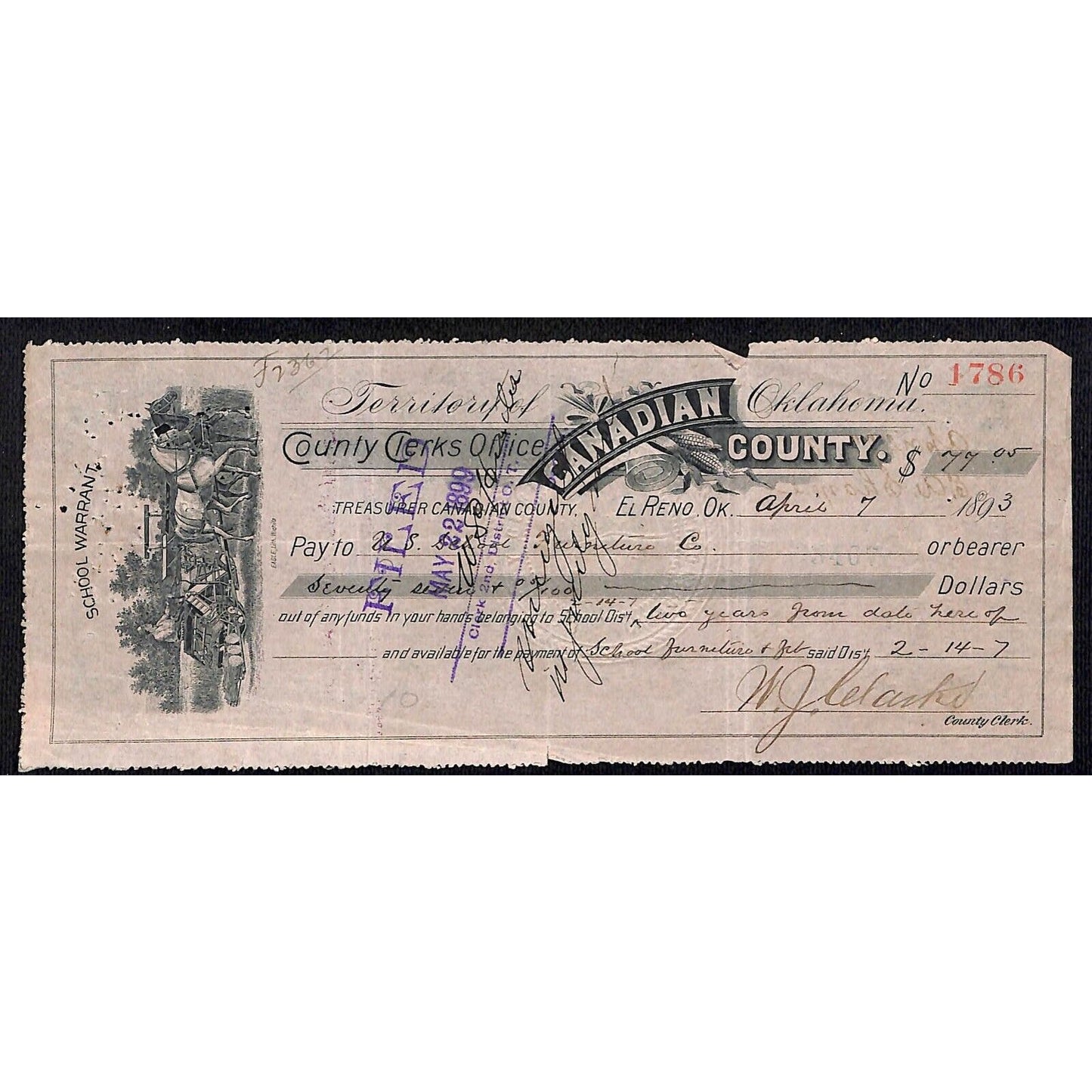 El Reno, OK 1893 Canadian County School Warrant for School Furniture - Scarce