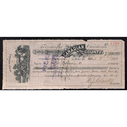 El Reno, OK 1893 Canadian County School Warrant for School Furniture - Scarce