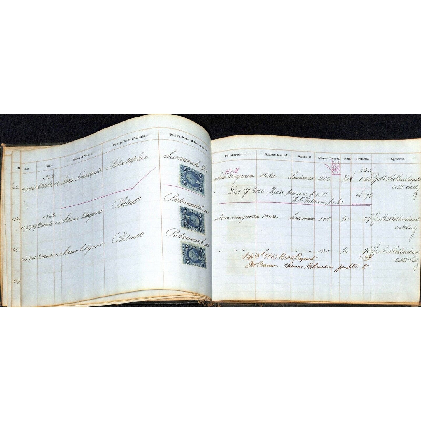 1865 Marine Shipping Document Insurance Ledger Book Henry D. Sherrerd Signatures